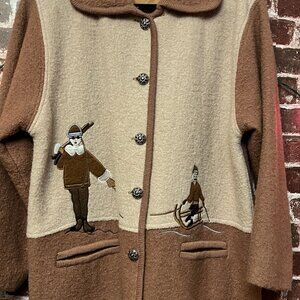 VTG Style de Paris Boiled Wool Jacket Winter Ski Scene Embroidery Silver Buttons